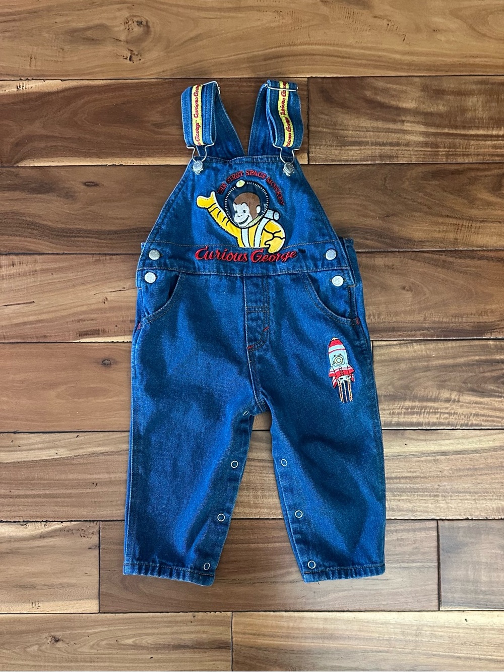 Vintage Y2K Curious George Denim Overalls 18M Space Monkey